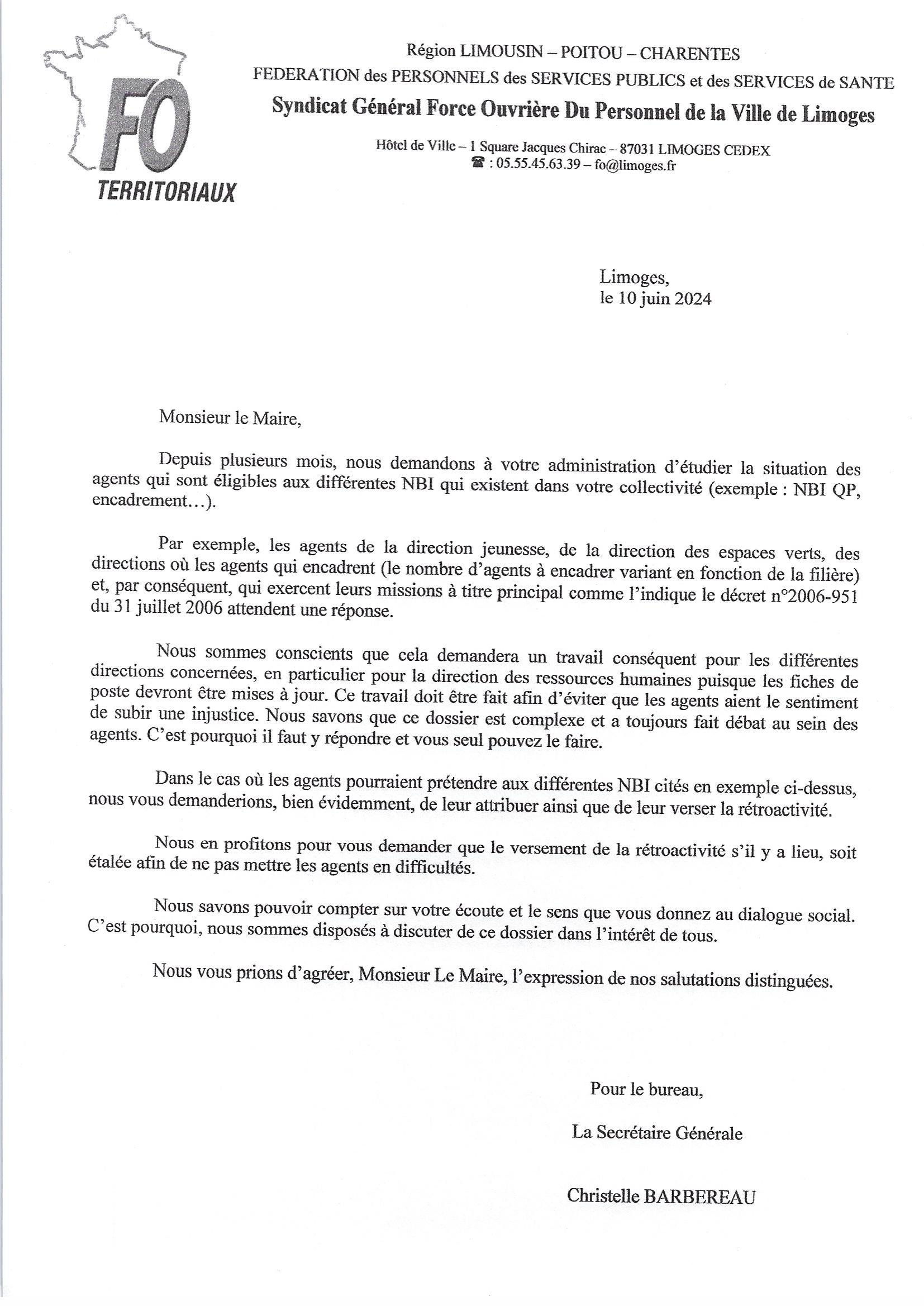 Demande FO NBI Juin 2024 à Mr le Maire L